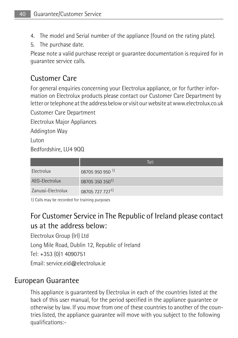 Customer care, European guarantee | Electrolux LAVATHERM 58840 User Manual | Page 40 / 44