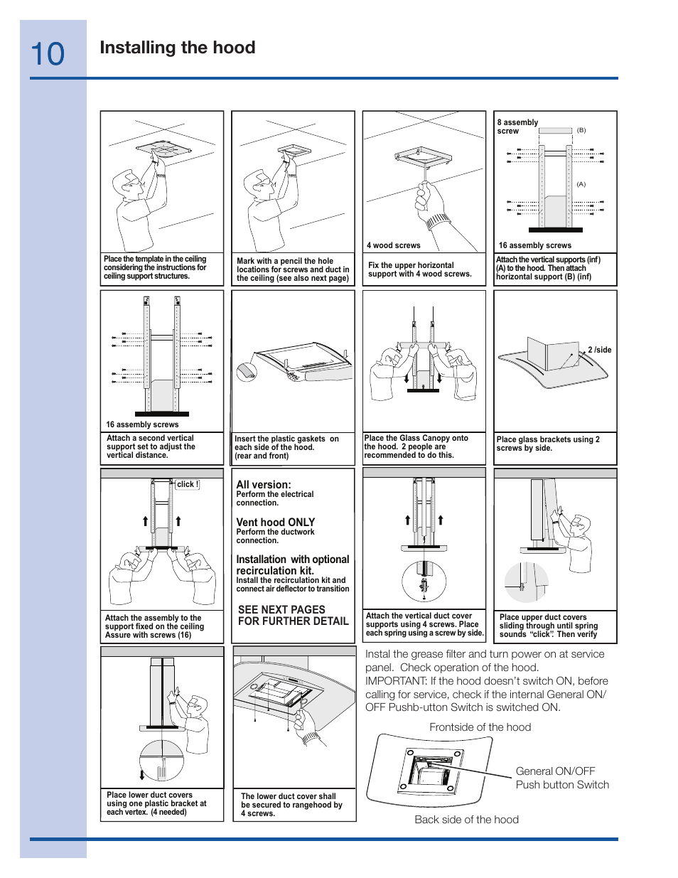 Installing the hood | Electrolux 36 User Manual | Page 10 / 19