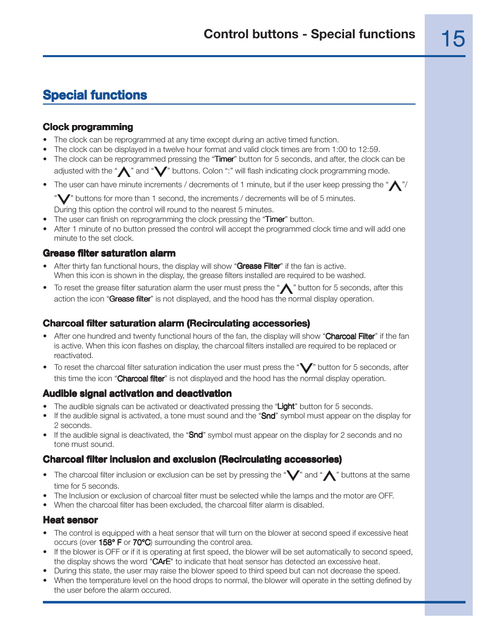 Special functions, Control buttons - special functions | Electrolux 36 User Manual | Page 15 / 19