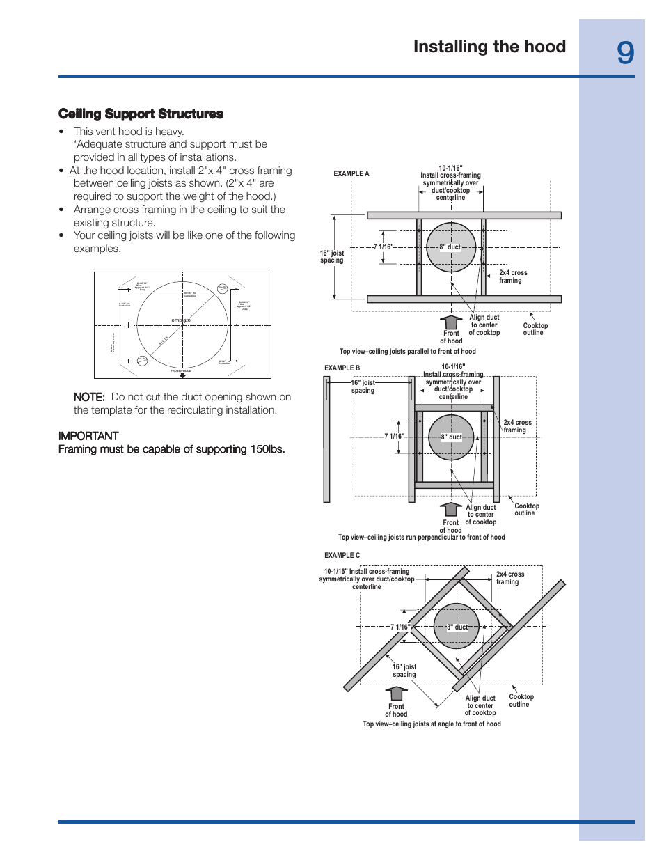 Installing the hood, Ceiling support structur | Electrolux 36 User Manual | Page 9 / 19