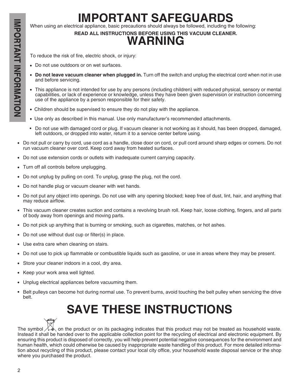 Important safeguards, Warning save these instructions | Electrolux 60 - 70 Series User Manual | Page 2 / 8