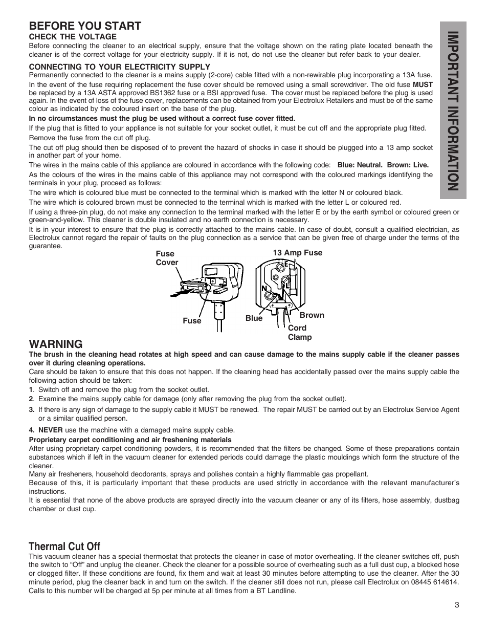 Before you start, Warning, Thermal cut off | Electrolux 60 - 70 Series User Manual | Page 3 / 8