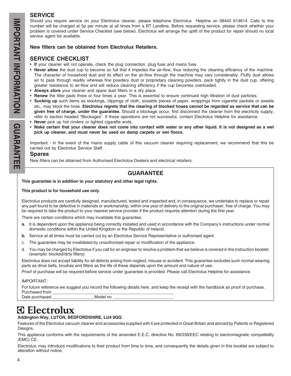 Service, Service checklist, Spares | Guarantee | Electrolux 60 - 70 Series User Manual | Page 4 / 8