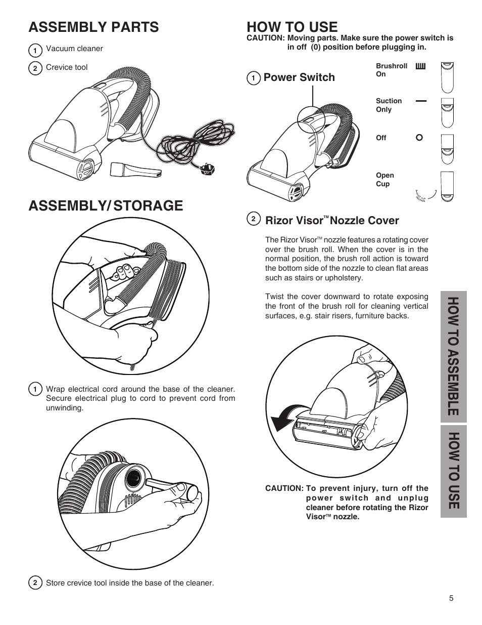 Assembly/ storage, Assembly parts, How to use | Rizor visor, Nozzle cover, Power switch | Electrolux 60 - 70 Series User Manual | Page 5 / 8