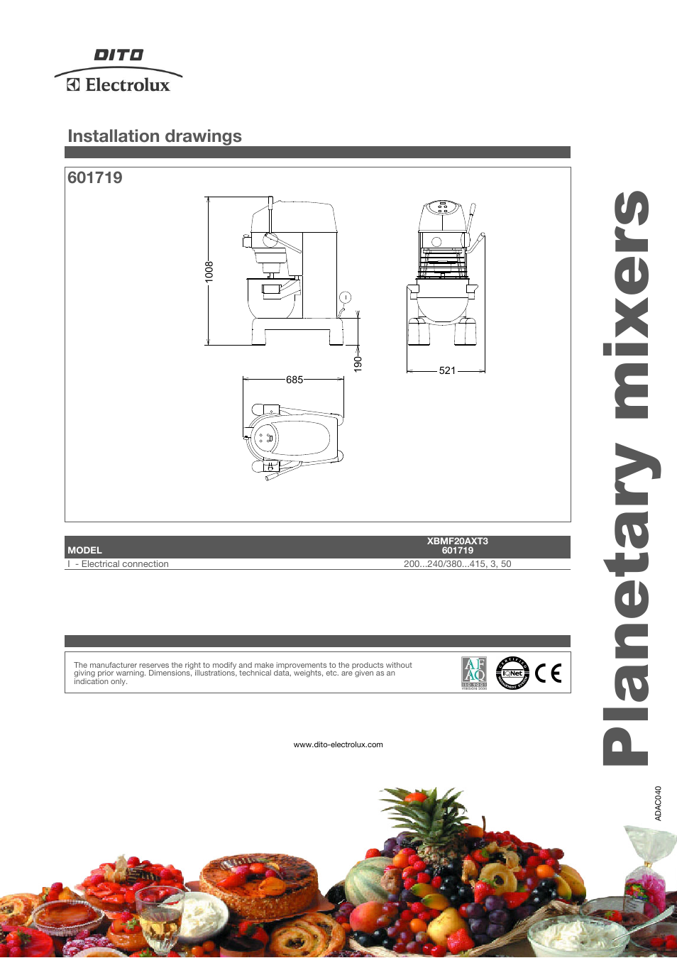 Planetary mixers, Installation drawings | Electrolux XBMF20AXT3 User Manual | Page 4 / 4