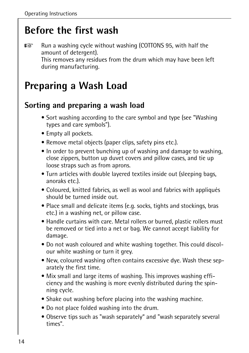 Before the first wash, Preparing a wash load, Sorting and preparing a wash load | Electrolux 74630 User Manual | Page 14 / 56