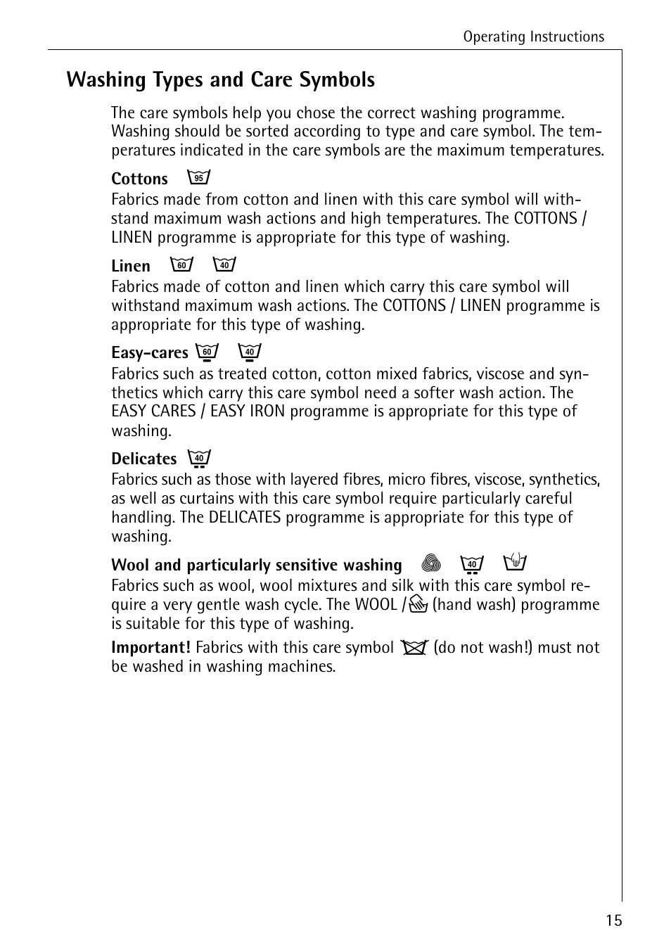 Washing types and care symbols | Electrolux 74630 User Manual | Page 15 / 56