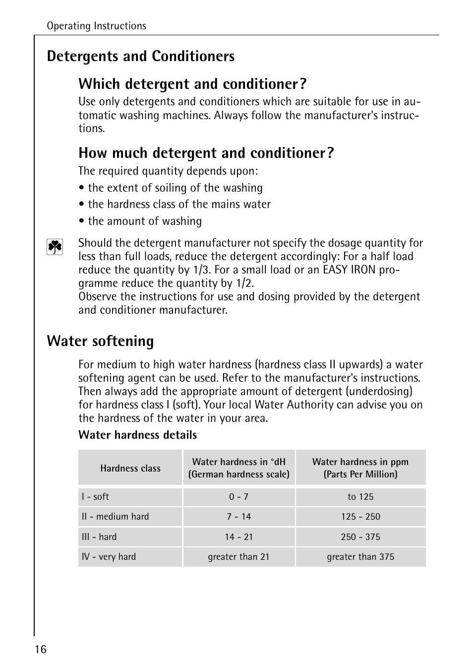 How much detergent and conditioner, Water softening | Electrolux 74630 User Manual | Page 16 / 56
