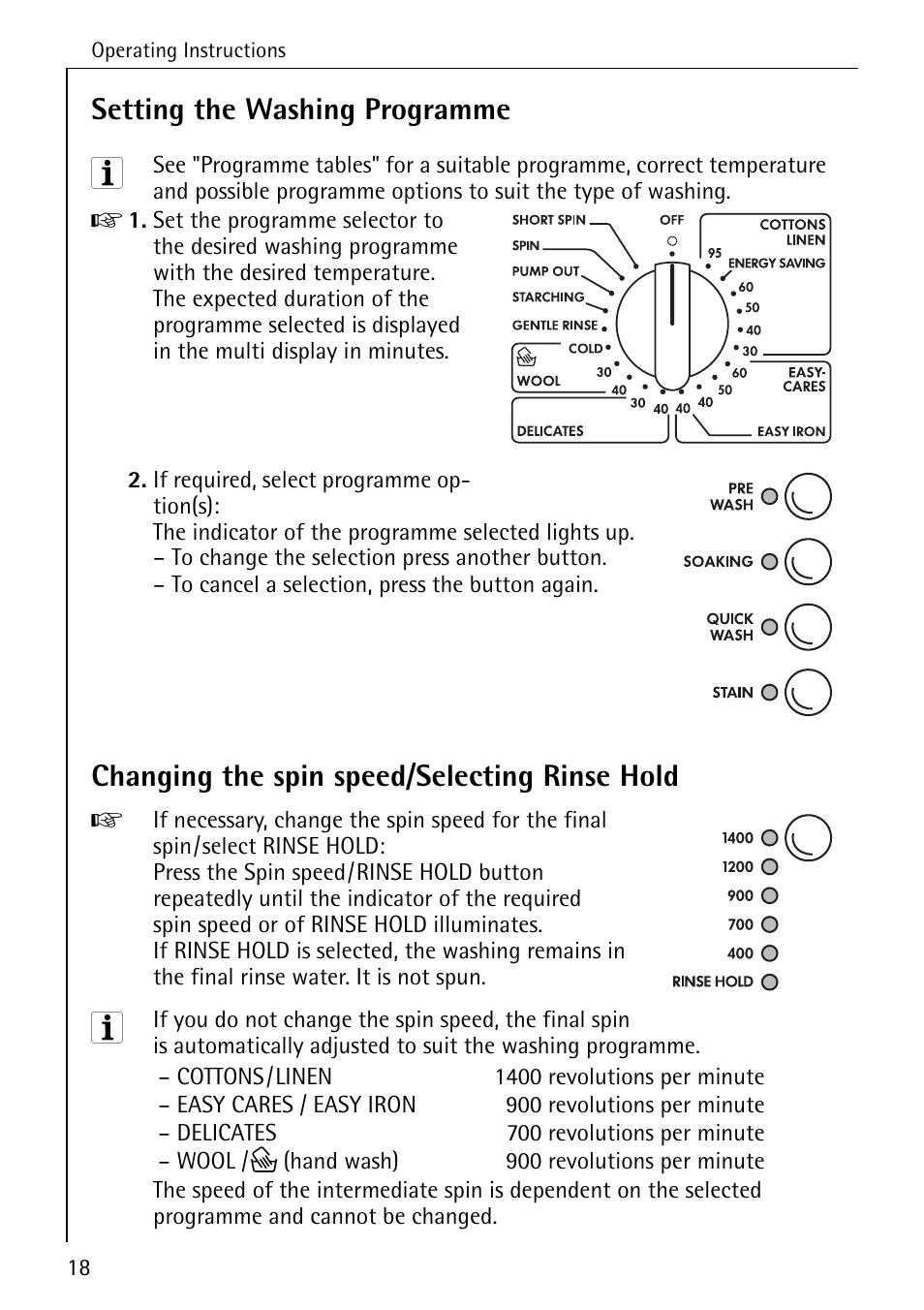 Setting the washing programme, Changing the spin speed/selecting rinse hold | Electrolux 74630 User Manual | Page 18 / 56