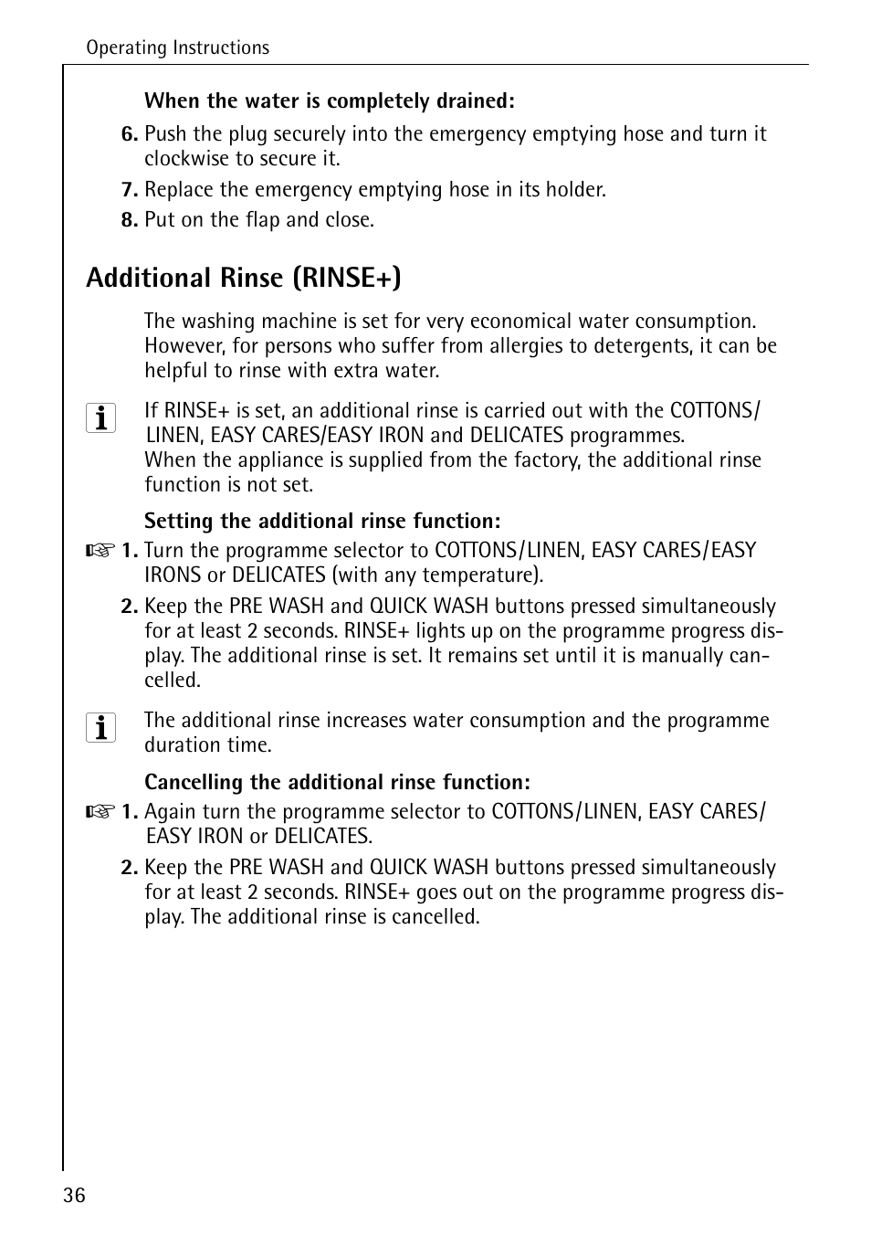 Additional rinse (rinse+) | Electrolux 74630 User Manual | Page 36 / 56