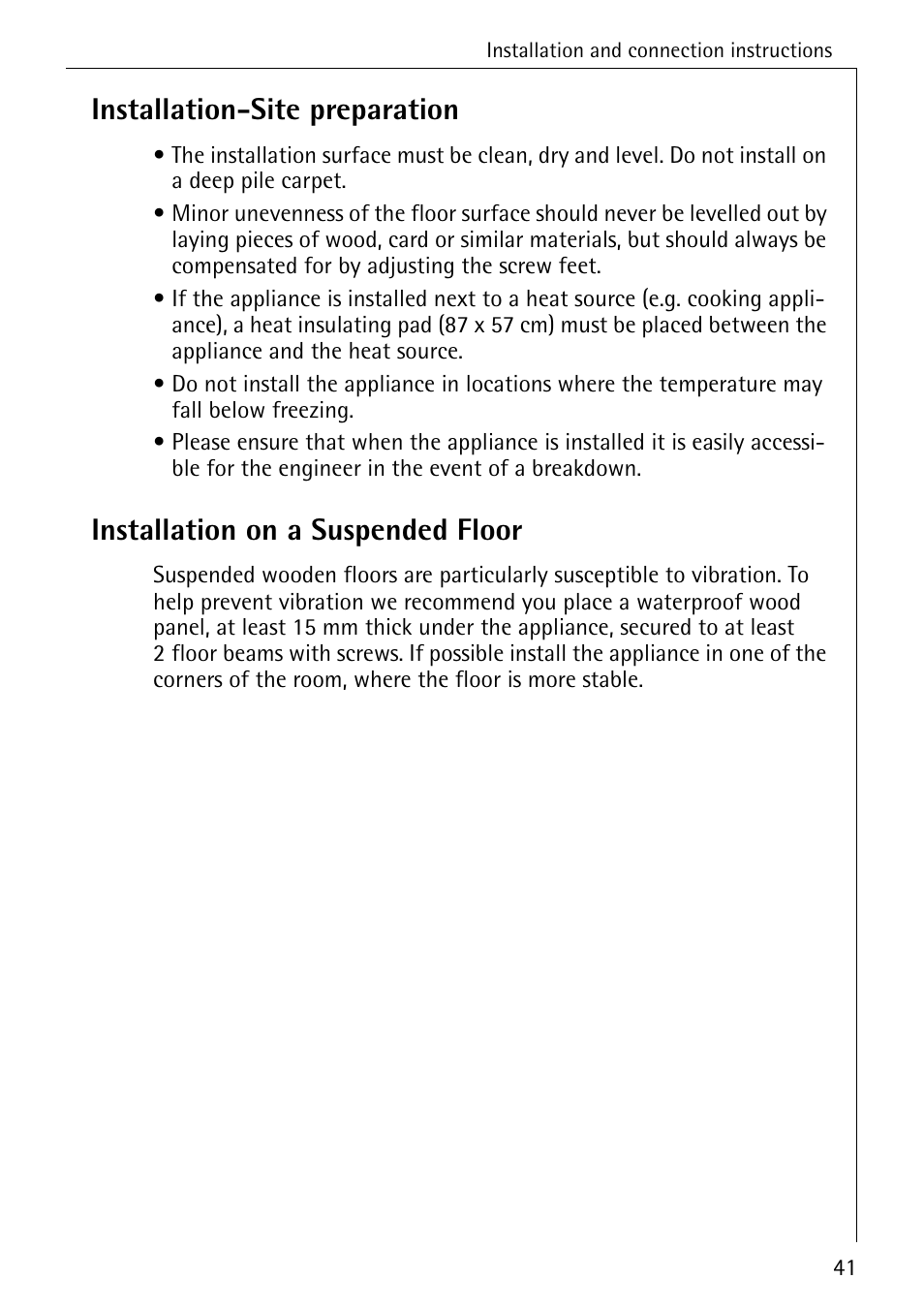 Installation-site preparation, Installation on a suspended floor | Electrolux 74630 User Manual | Page 41 / 56