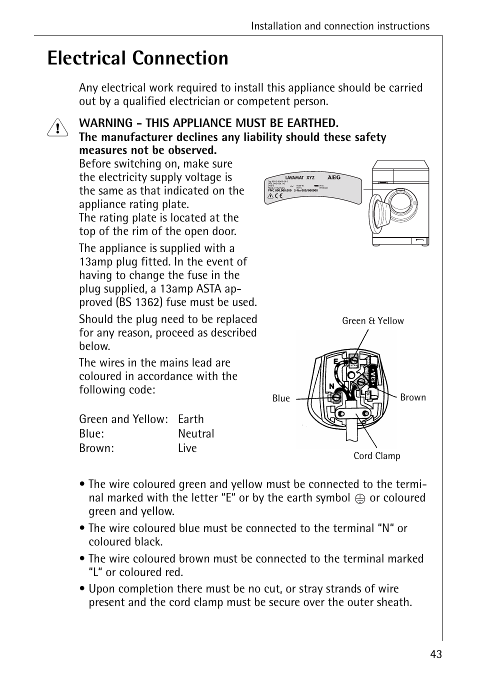 Electrical connection | Electrolux 74630 User Manual | Page 43 / 56