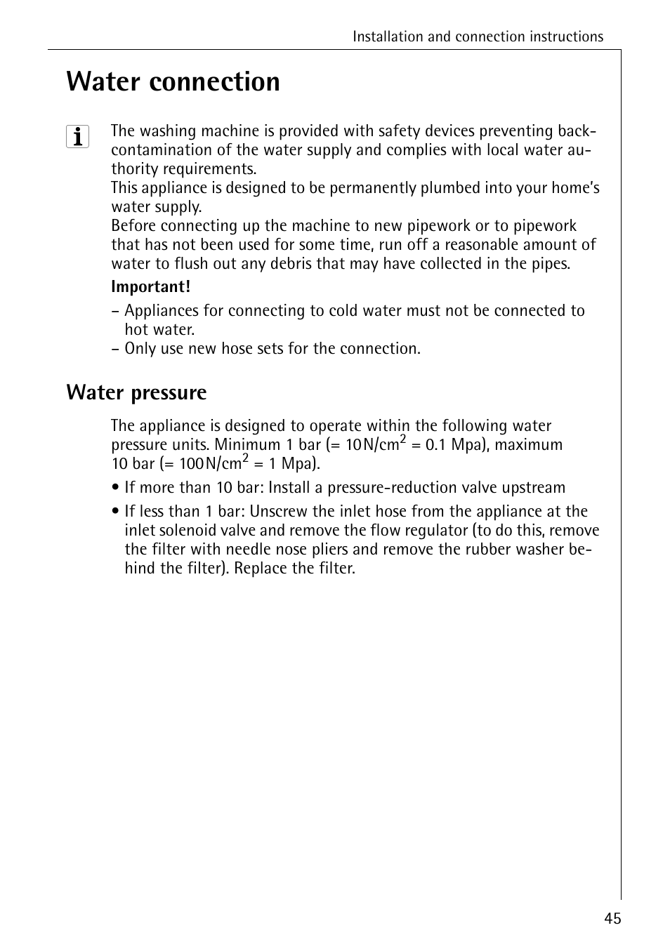 Water connection, Water pressure | Electrolux 74630 User Manual | Page 45 / 56