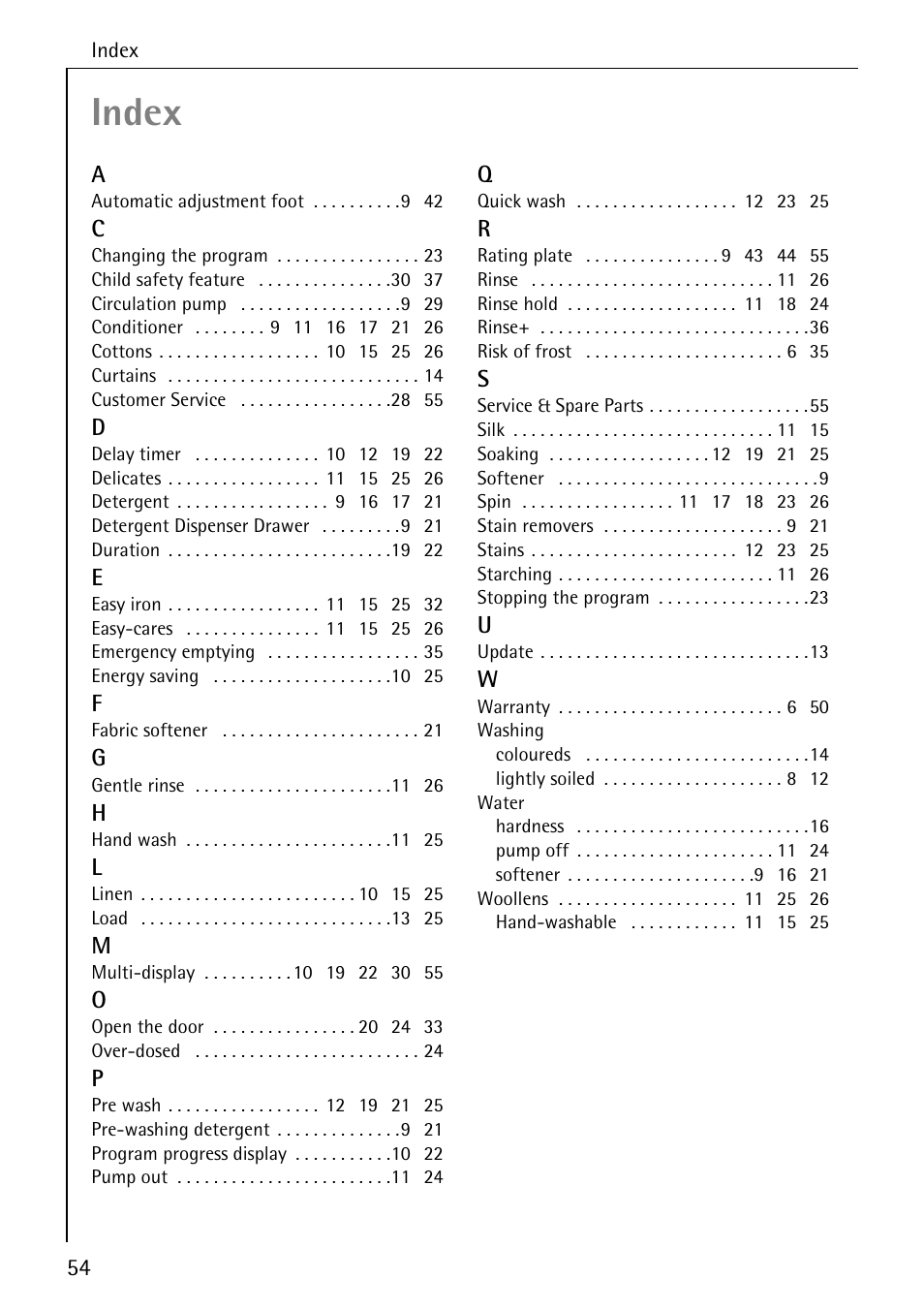 Index | Electrolux 74630 User Manual | Page 54 / 56