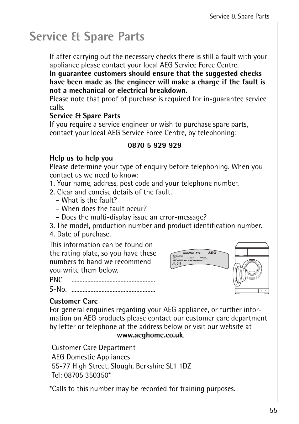 Service & spare parts | Electrolux 74630 User Manual | Page 55 / 56