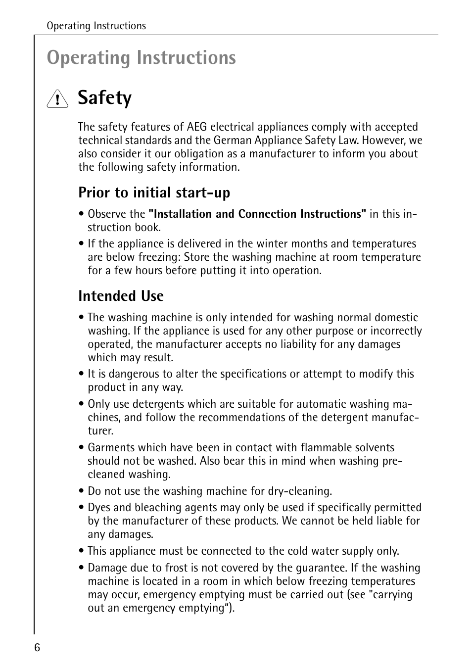 Operating instructions, Safety, Prior to initial start-up | Intended use | Electrolux 74630 User Manual | Page 6 / 56