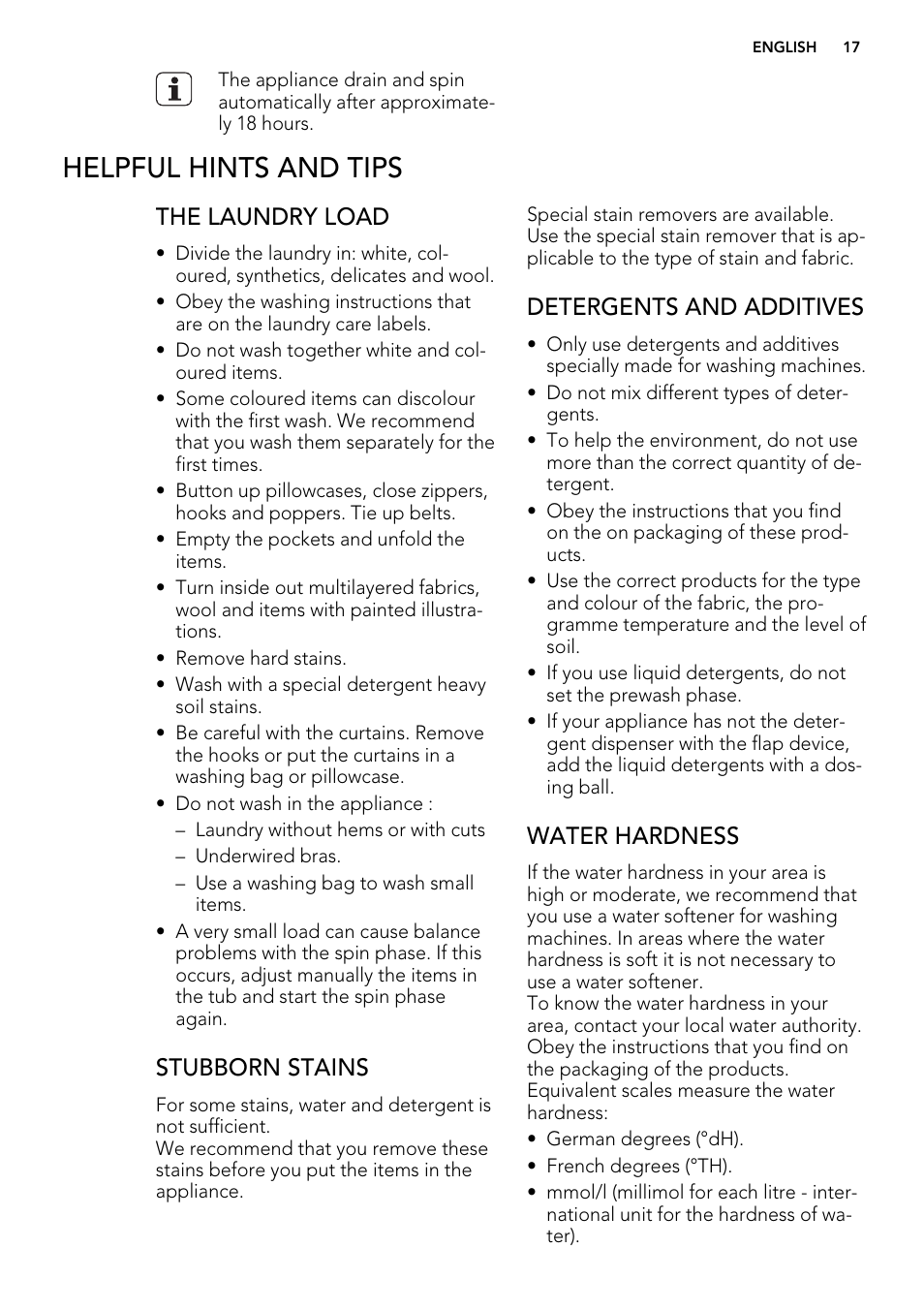 Helpful hints and tips, The laundry load, Stubborn stains | Detergents and additives, Water hardness | Electrolux L 75478 FL User Manual | Page 17 / 32