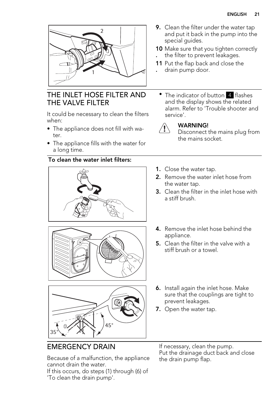 The inlet hose filter and the valve filter, Emergency drain | Electrolux L 75478 FL User Manual | Page 21 / 32