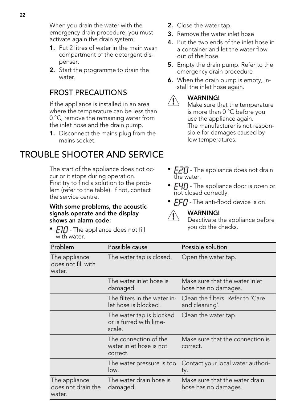 Trouble shooter and service, Frost precautions | Electrolux L 75478 FL User Manual | Page 22 / 32