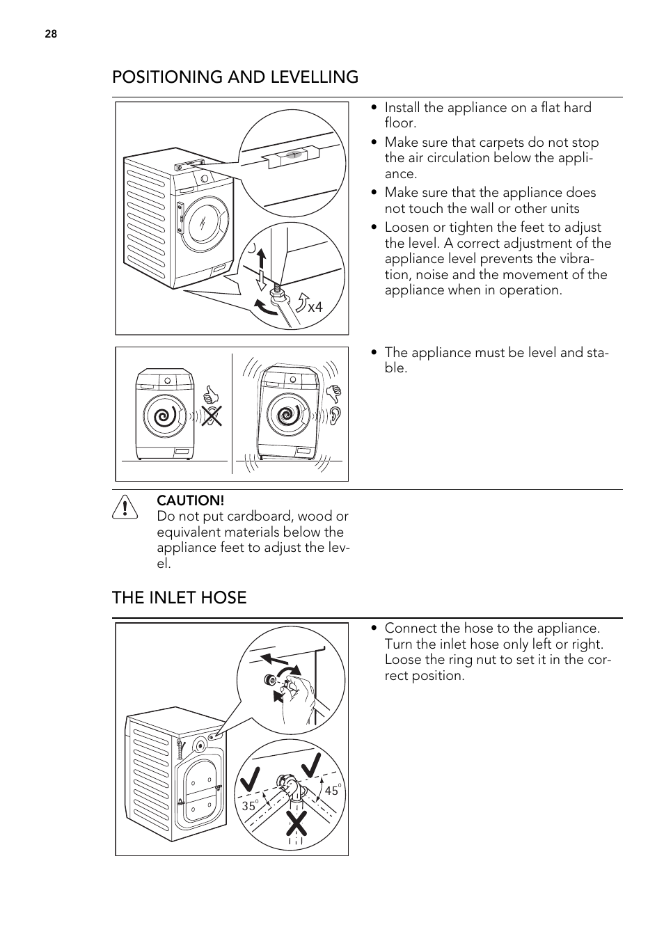 Positioning and levelling, The inlet hose | Electrolux L 75478 FL User Manual | Page 28 / 32