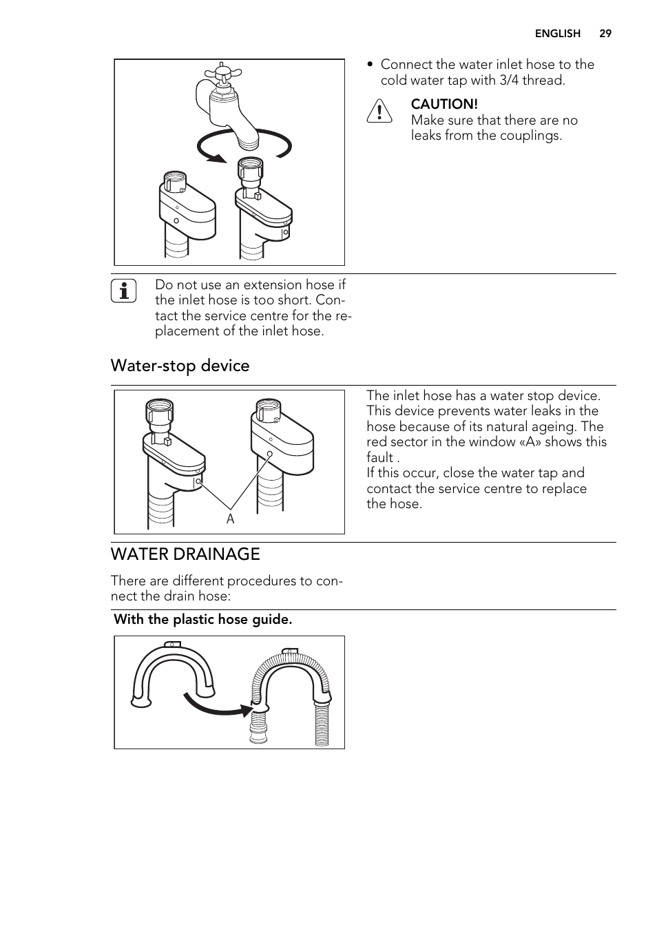 Water-stop device, Water drainage | Electrolux L 75478 FL User Manual | Page 29 / 32