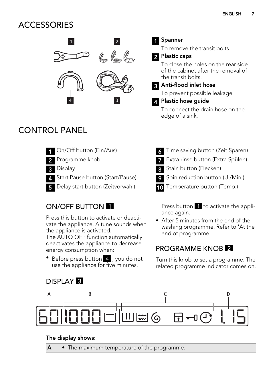 Accessories, Control panel, On/off button | Programme knob, Display | Electrolux L 75478 FL User Manual | Page 7 / 32