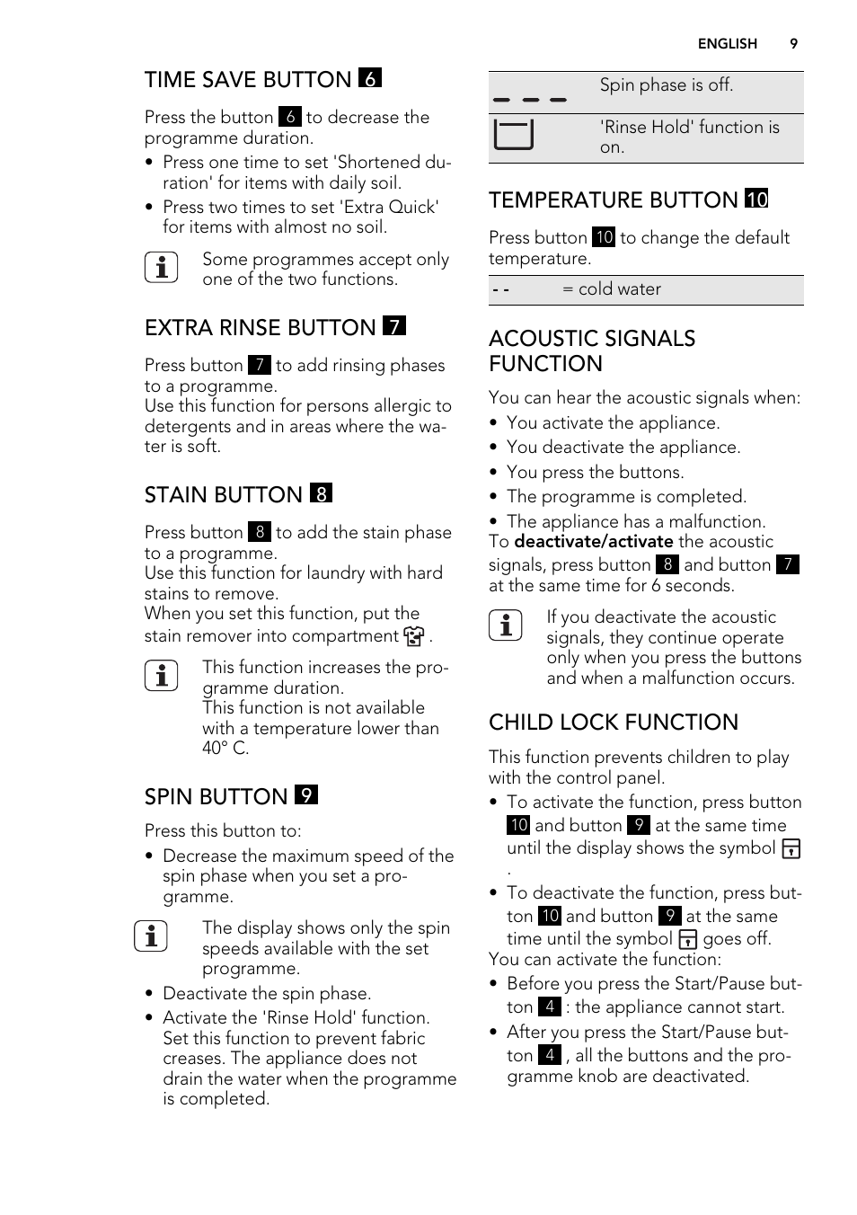 Time save button, Extra rinse button, Stain button | Spin button, Temperature button, Acoustic signals function, Child lock function | Electrolux L 75478 FL User Manual | Page 9 / 32