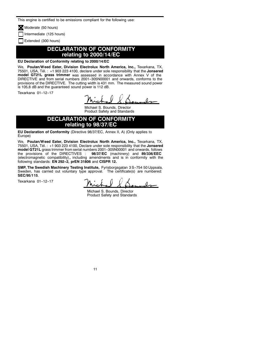 Declaration of conformity relating to 2000/14/ec, Declaration of conformity relating to 98/37/ec | Electrolux GT21L User Manual | Page 11 / 12