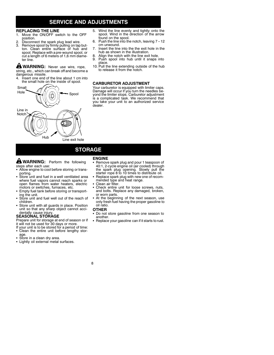 Service and adjustments, Storage | Electrolux GT21L User Manual | Page 8 / 12