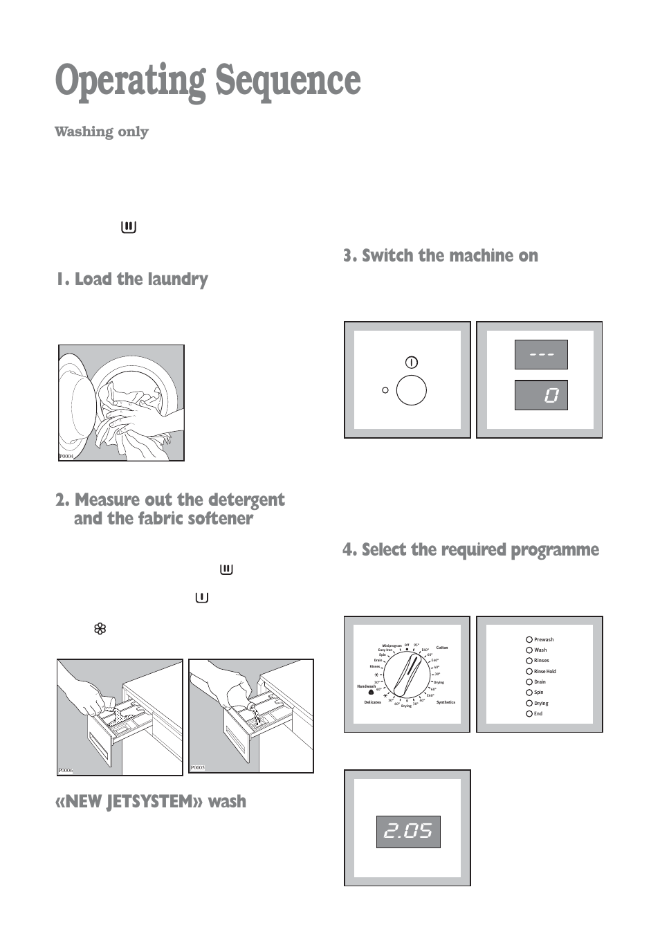 Operating sequence, Load the laundry, Measure out the detergent and the fabric softener | New jetsystem» wash, Switch the machine on, Select the required programme, Washing only | Electrolux EWD 1409 I User Manual | Page 11 / 32