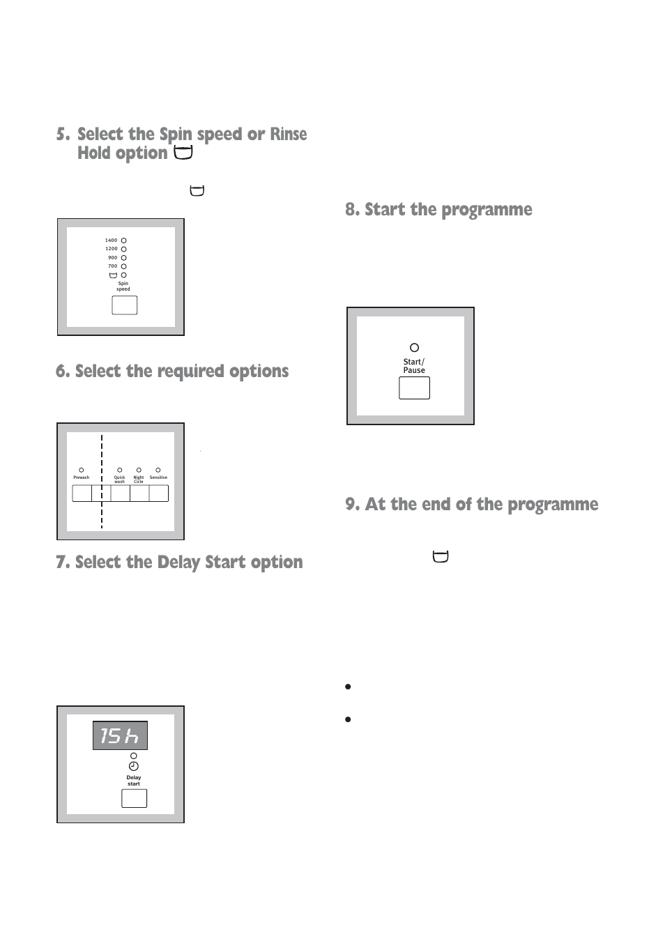 Select the spin speed or rinse hold option, Select the required options, Select the delay start option | Start the programme, At the end of the programme | Electrolux EWD 1409 I User Manual | Page 12 / 32
