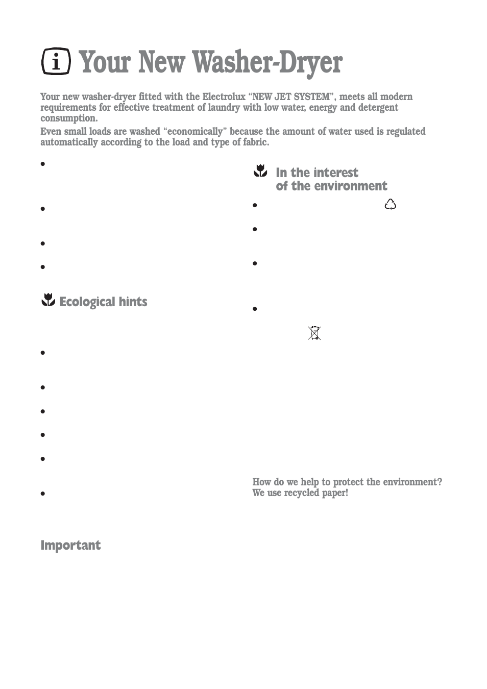 Your new washer-dryer, Ecological hints, Important | Electrolux EWD 1409 I User Manual | Page 4 / 32