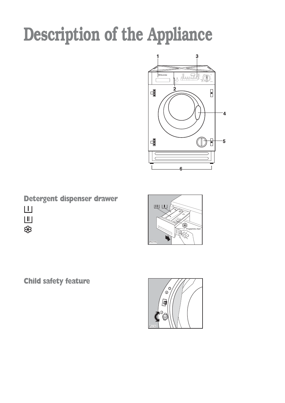 Description of the appliance, Detergent dispenser drawer, Child safety feature | Electrolux EWD 1409 I User Manual | Page 5 / 32