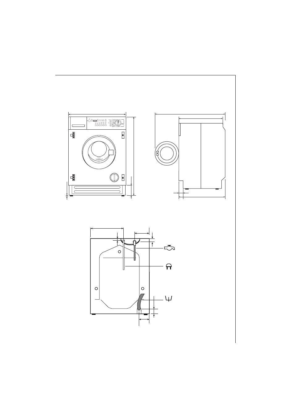 Dimensions of the appliance, Front view and side view rear view | Electrolux 1271 VI User Manual | Page 49 / 59