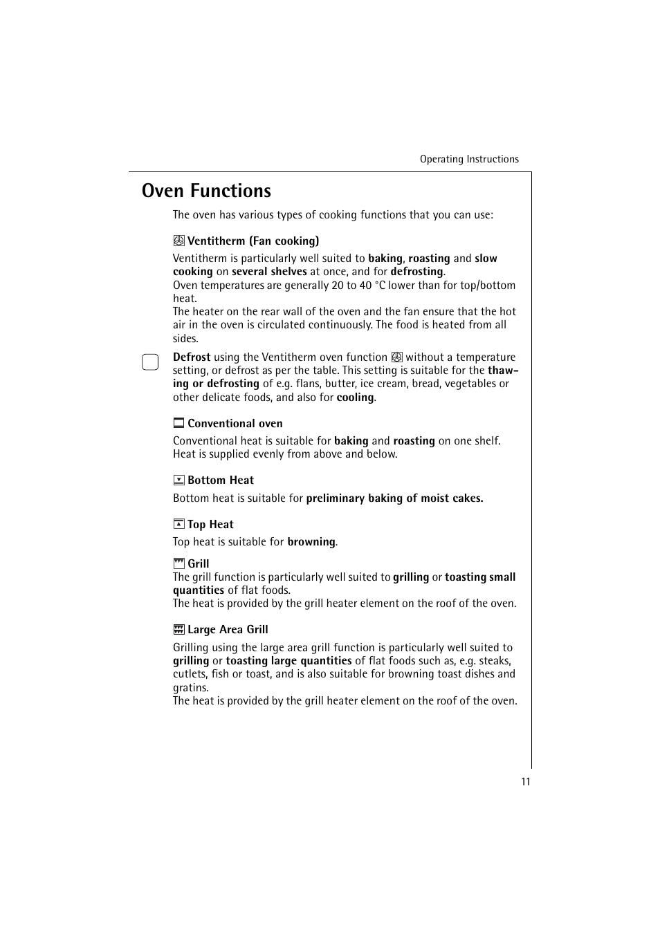 Oven functions | Electrolux B 6139-m User Manual | Page 11 / 60