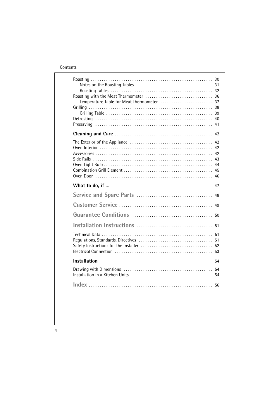 Service and spare parts, Customer service, Guarantee conditions | Installation instructions, Index | Electrolux B 6139-m User Manual | Page 4 / 60