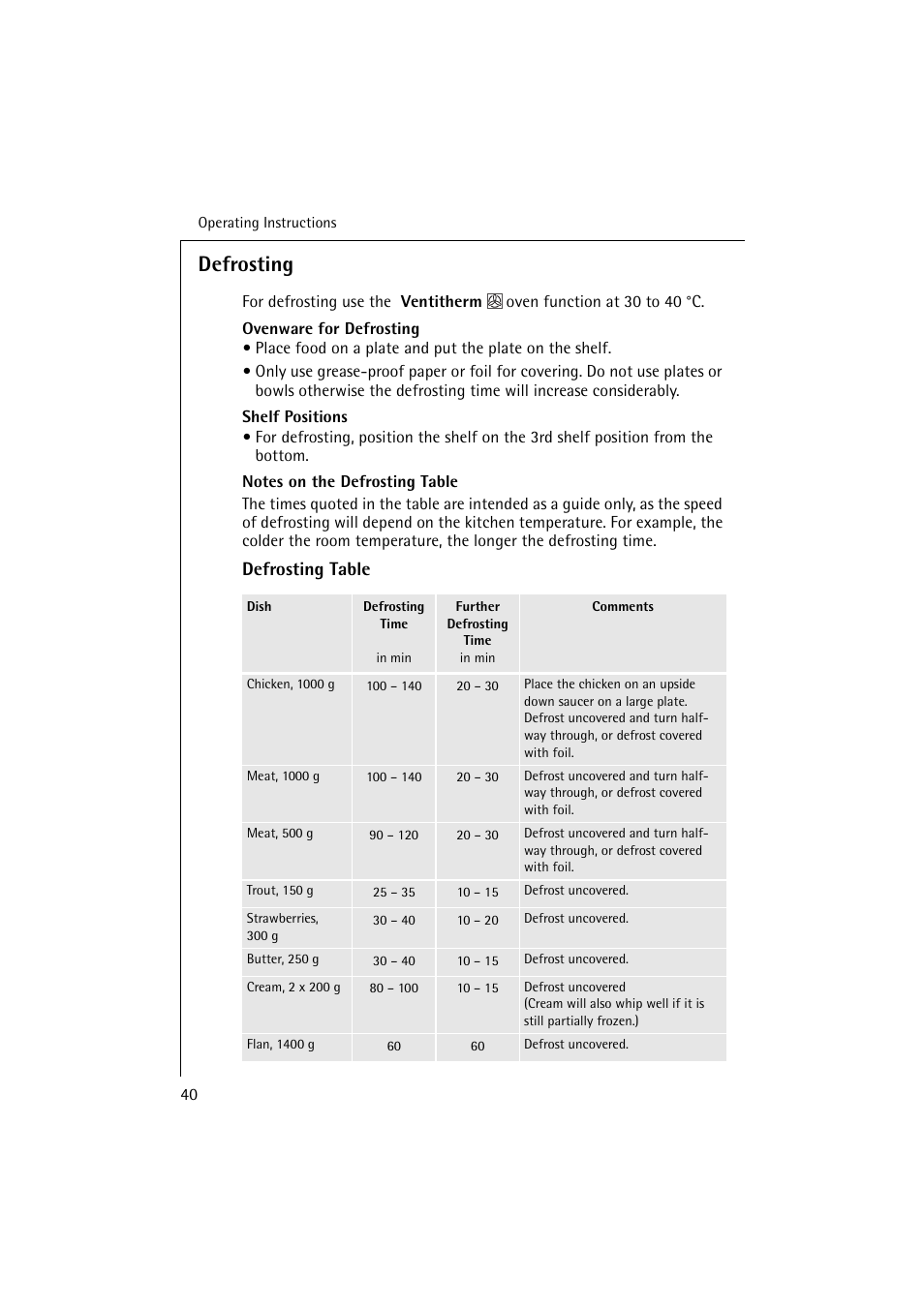 Defrosting, Defrosting table | Electrolux B 6139-m User Manual | Page 40 / 60