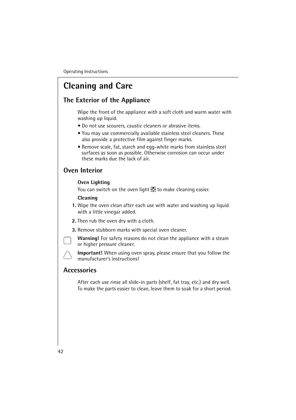 Cleaning and care, The exterior of the appliance, Oven interior | Accessories | Electrolux B 6139-m User Manual | Page 42 / 60