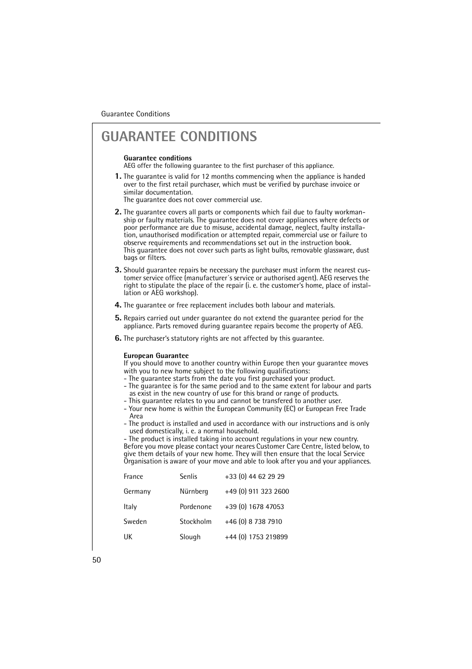 Guarantee conditions | Electrolux B 6139-m User Manual | Page 50 / 60