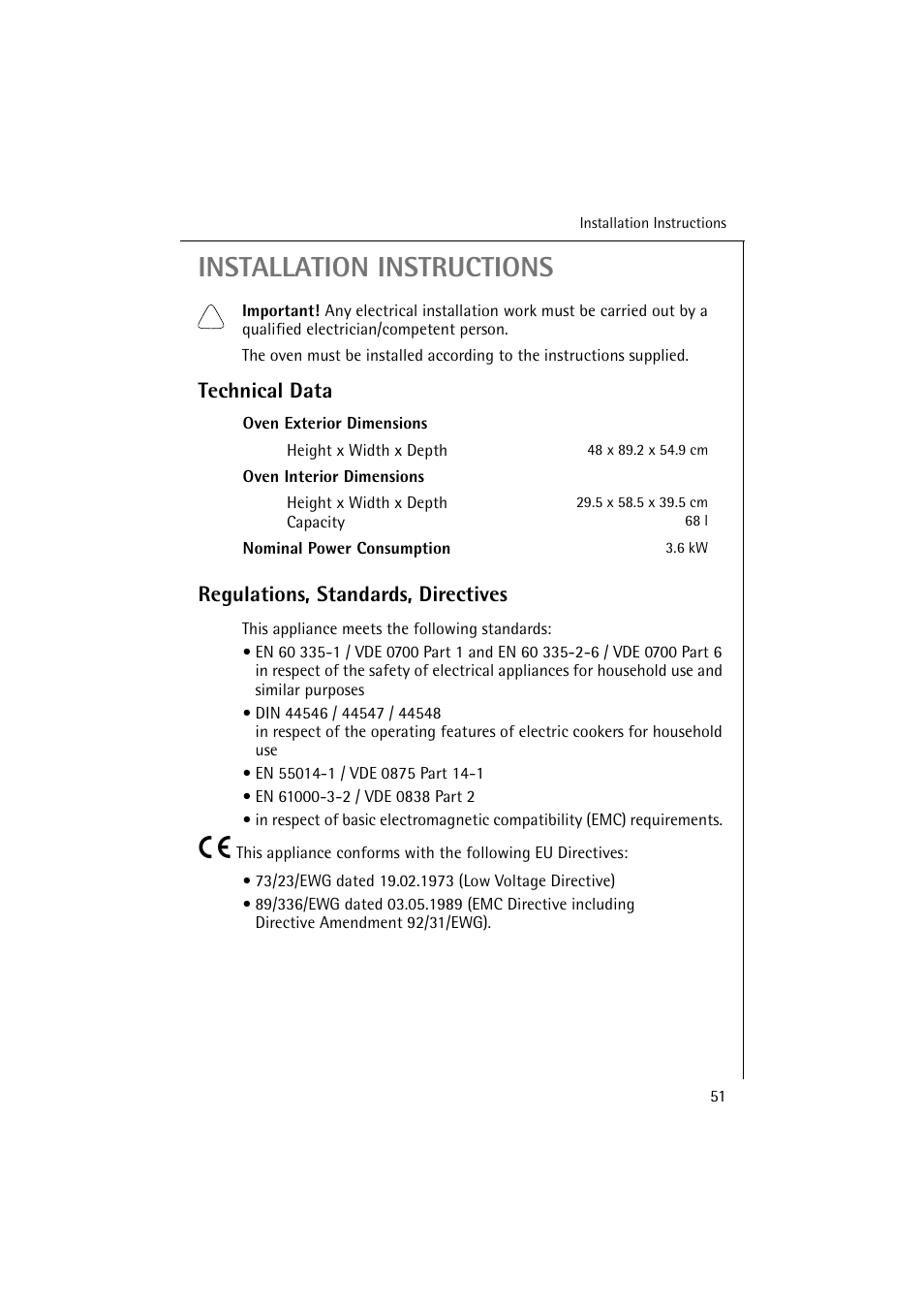 Installation instructions, Technical data regulations, standards, directives | Electrolux B 6139-m User Manual | Page 51 / 60