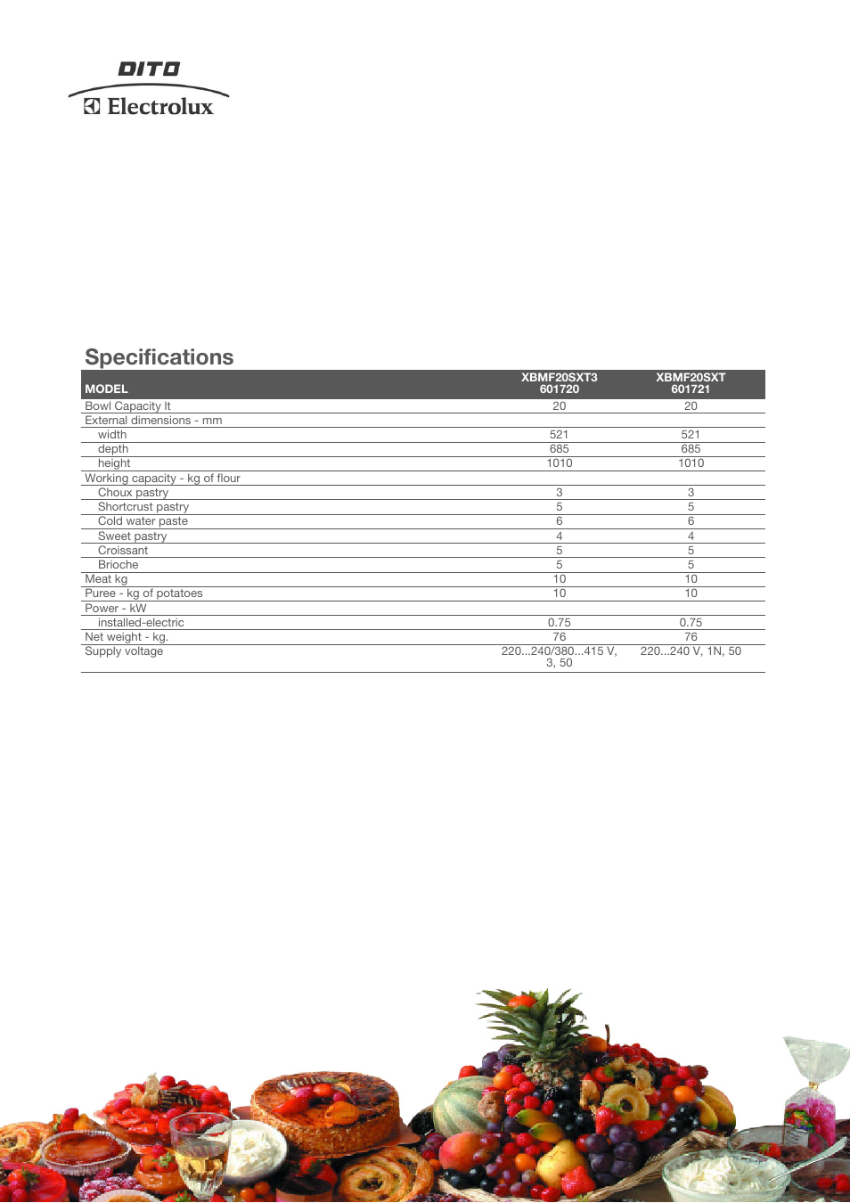 Specifications | Electrolux XBMF20SXT User Manual | Page 2 / 4