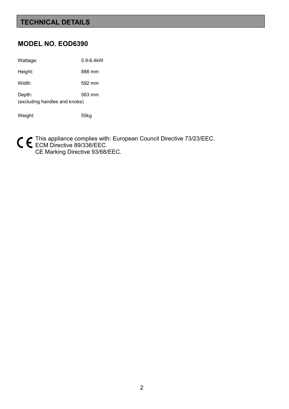 Model no. eod6390, Technical details | Electrolux EOD6390 User Manual | Page 2 / 52