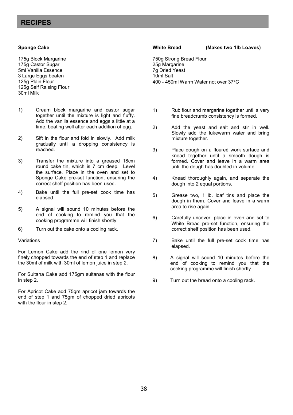 Recipes | Electrolux EOD6390 User Manual | Page 38 / 52