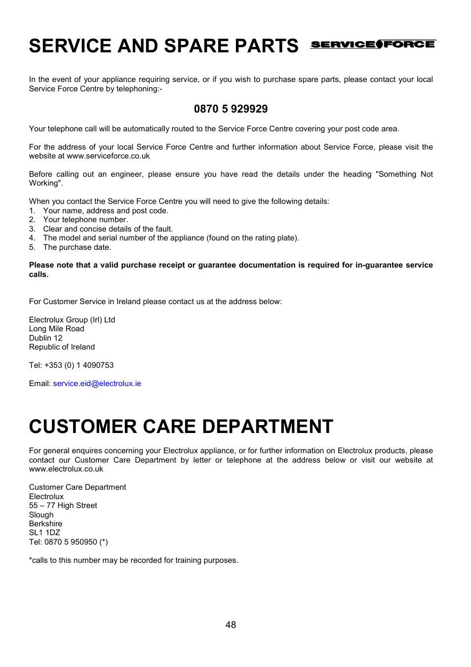 Service and spare parts, Customer care department | Electrolux EOD6390 User Manual | Page 48 / 52