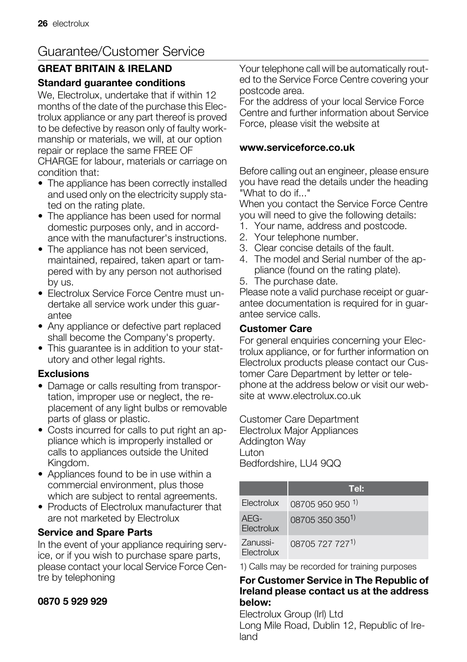 Guarantee/customer service | Electrolux EIKG5547 User Manual | Page 26 / 28