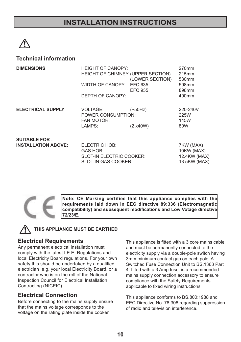 Installation instructions | Electrolux EFC 935 User Manual | Page 10 / 20