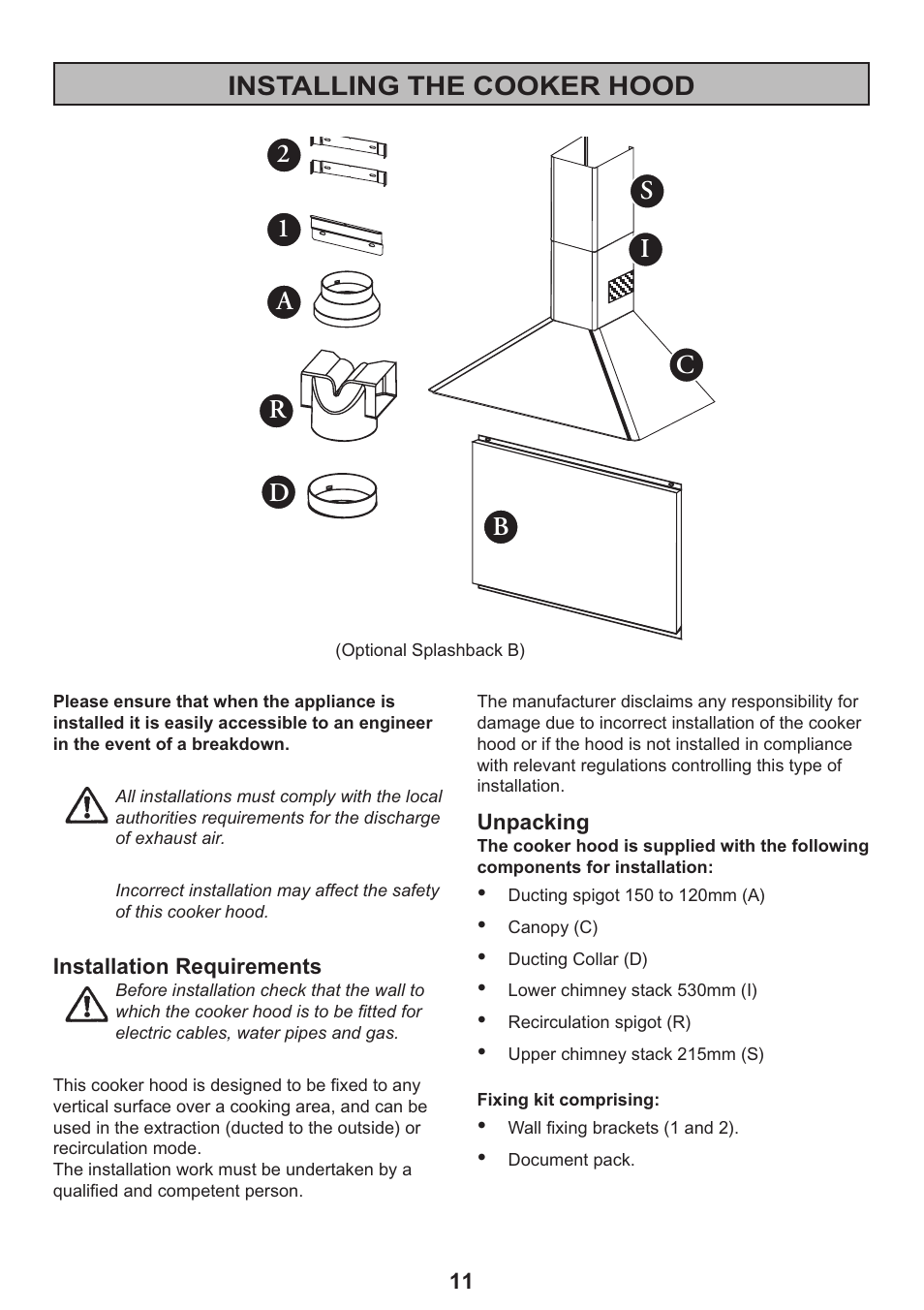 Installing the cooker hood | Electrolux EFC 935 User Manual | Page 11 / 20