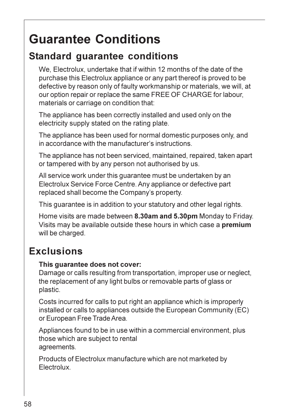 Guarantee conditions, Standard guarantee conditions, Exclusions | Electrolux CHDD 8820 User Manual | Page 10 / 16