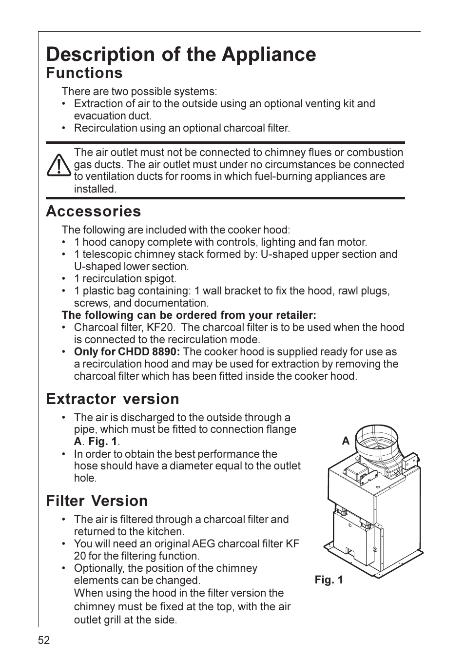 Description of the appliance, Functions, Accessories | Extractor version, Filter version | Electrolux CHDD 8820 User Manual | Page 4 / 16