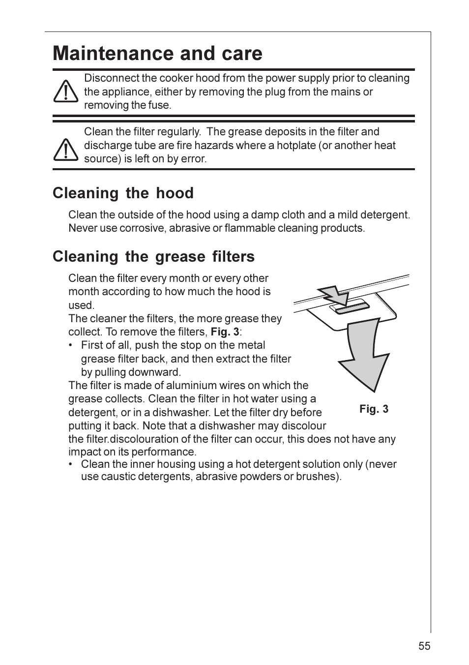 Maintenance and care, Cleaning the hood, Cleaning the grease filters | Electrolux CHDD 8820 User Manual | Page 7 / 16